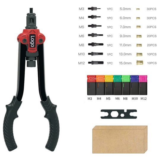 Image showing a high-performance rivet nut tool with black handles and a red adjustment knob, labeled "RYNOMATE 157PCS Heavy Duty Nut Rivet Gun Riveting Kit Thread M3-12 RNM-RG-100-RT". Beside it is a versatile set of accessories, including various sizes of rivet nuts (M3 to M12) and corresponding colored mandrels. There is also an additional tool and a brown box.