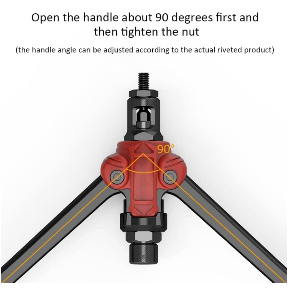 Image showing a high-performance rivet nut tool with black handles and a red adjustment knob, labeled "RYNOMATE 157PCS Heavy Duty Nut Rivet Gun Riveting Kit Thread M3-12 RNM-RG-100-RT". Beside it is a versatile set of accessories, including various sizes of rivet nuts (M3 to M12) and corresponding colored mandrels. There is also an additional tool and a brown box.