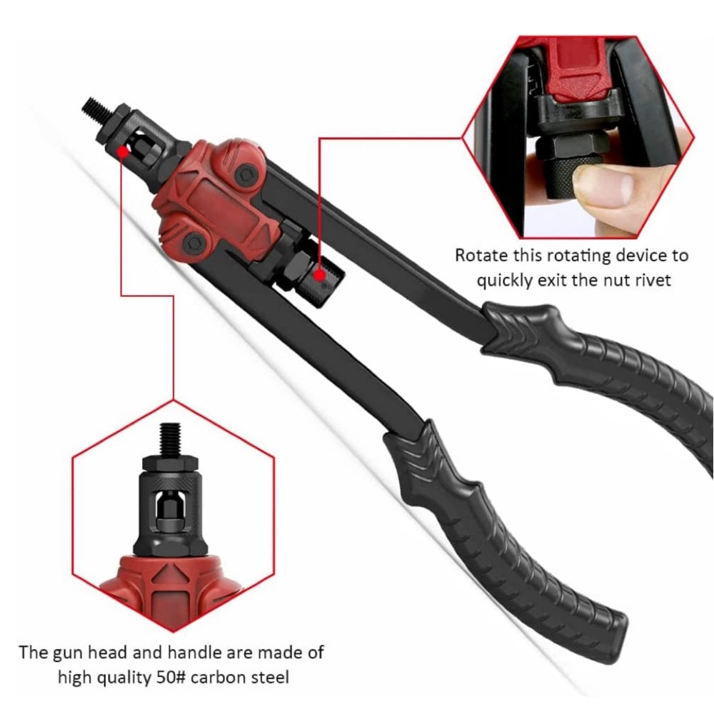 Image showing a high-performance rivet nut tool with black handles and a red adjustment knob, labeled "RYNOMATE 157PCS Heavy Duty Nut Rivet Gun Riveting Kit Thread M3-12 RNM-RG-100-RT". Beside it is a versatile set of accessories, including various sizes of rivet nuts (M3 to M12) and corresponding colored mandrels. There is also an additional tool and a brown box.