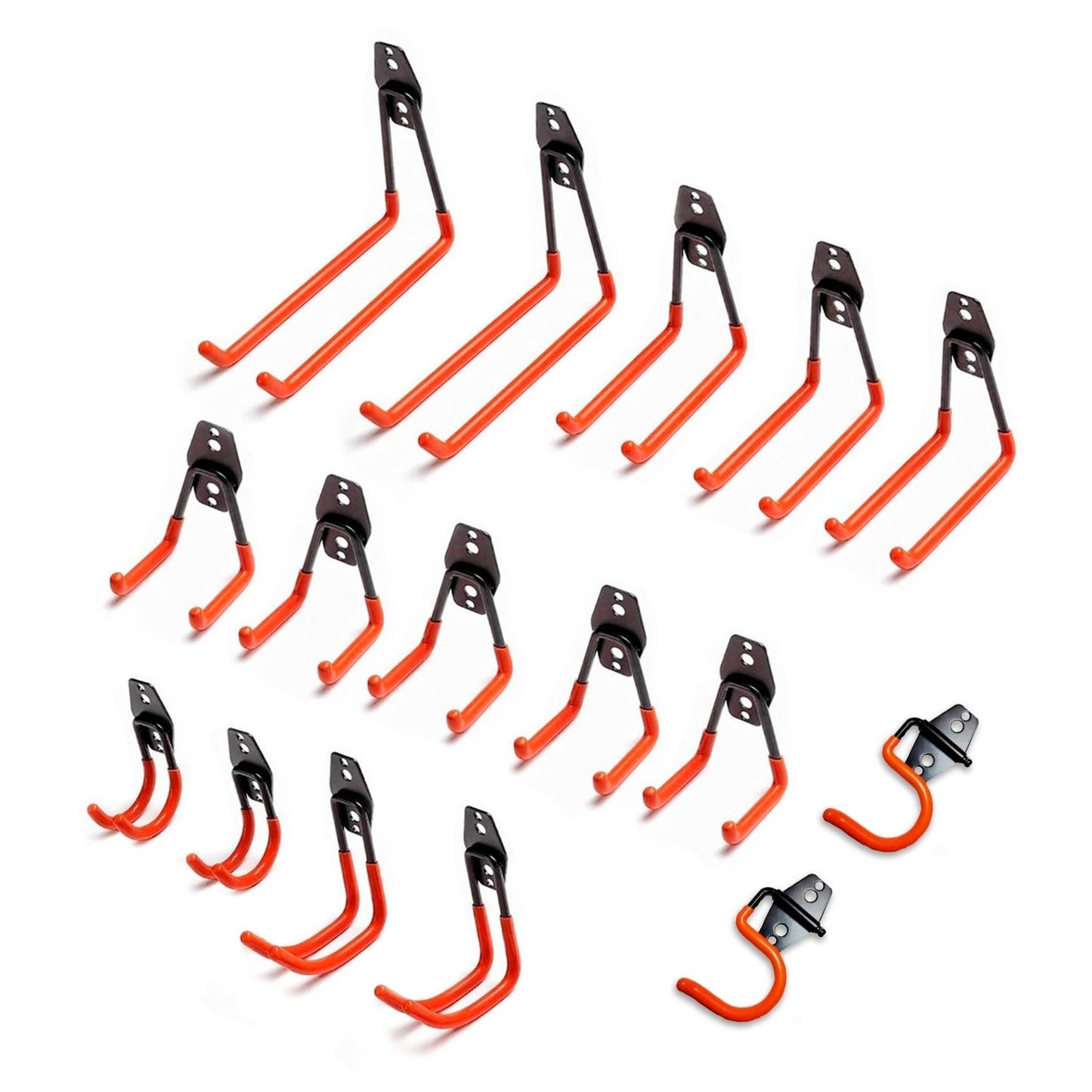 A set of RYNOMATE 16 Pack Garage Hooks Heavy Duty (Orange) RNM-HHD-100-NK black and orange wall-mounted garage hooks in various sizes, designed for garage storage and organization. These heavy-duty hooks feature a non-slip coating and are arranged in three rows, with the upper row containing larger hooks and the lower rows containing medium and smaller hooks.