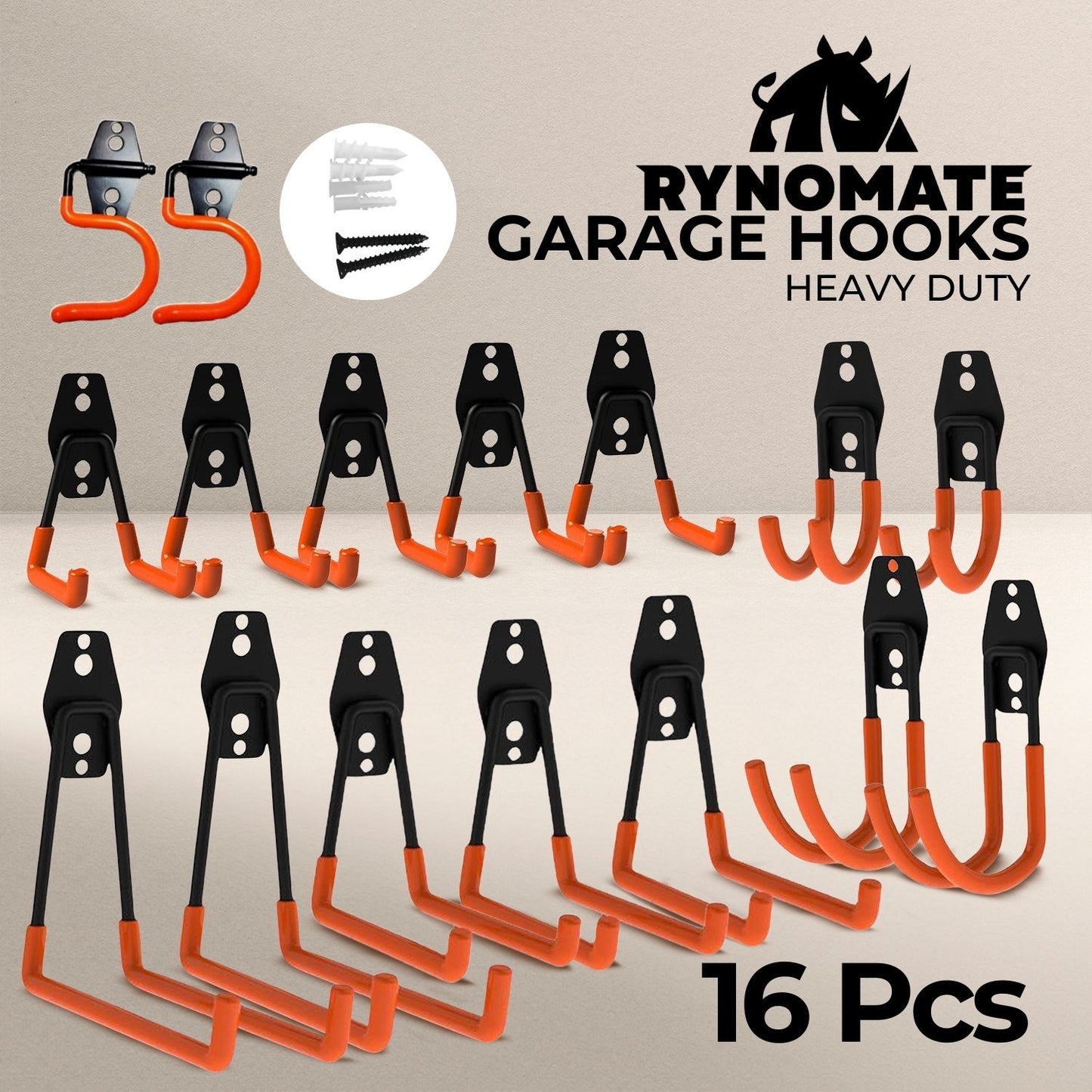 A set of RYNOMATE 16 Pack Garage Hooks Heavy Duty (Orange) RNM-HHD-100-NK black and orange wall-mounted garage hooks in various sizes, designed for garage storage and organization. These heavy-duty hooks feature a non-slip coating and are arranged in three rows, with the upper row containing larger hooks and the lower rows containing medium and smaller hooks.