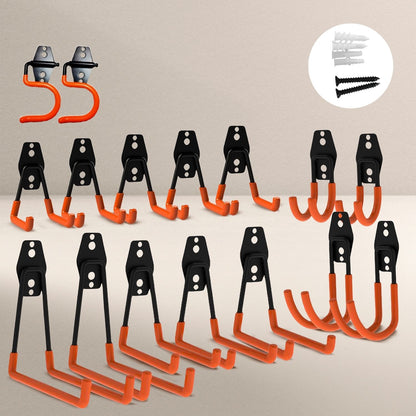 A set of RYNOMATE 16 Pack Garage Hooks Heavy Duty (Orange) RNM-HHD-100-NK black and orange wall-mounted garage hooks in various sizes, designed for garage storage and organization. These heavy-duty hooks feature a non-slip coating and are arranged in three rows, with the upper row containing larger hooks and the lower rows containing medium and smaller hooks.