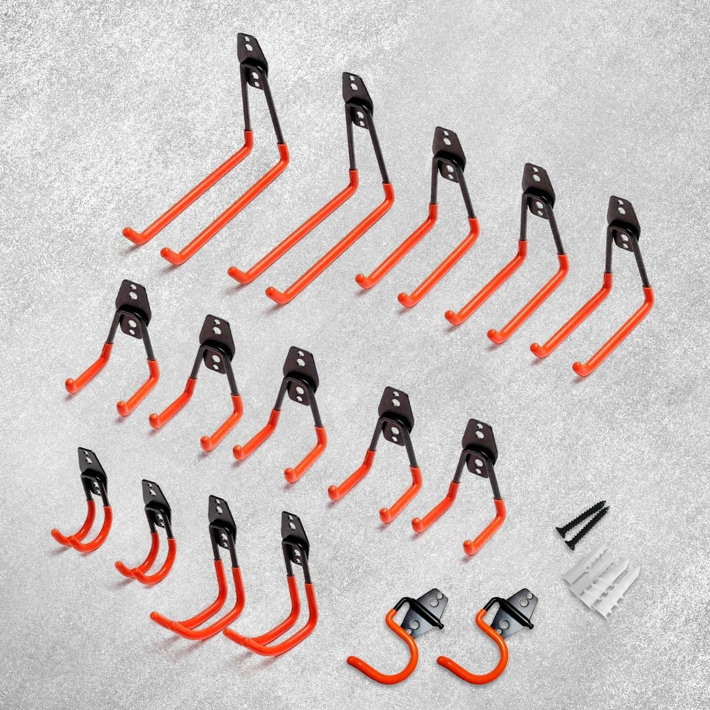 A set of RYNOMATE 16 Pack Garage Hooks Heavy Duty (Orange) RNM-HHD-100-NK black and orange wall-mounted garage hooks in various sizes, designed for garage storage and organization. These heavy-duty hooks feature a non-slip coating and are arranged in three rows, with the upper row containing larger hooks and the lower rows containing medium and smaller hooks.