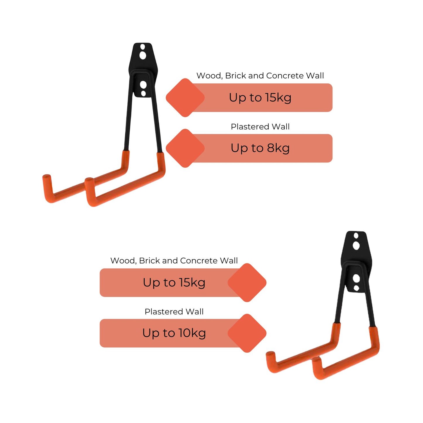 A set of RYNOMATE 16 Pack Garage Hooks Heavy Duty (Orange) RNM-HHD-100-NK black and orange wall-mounted garage hooks in various sizes, designed for garage storage and organization. These heavy-duty hooks feature a non-slip coating and are arranged in three rows, with the upper row containing larger hooks and the lower rows containing medium and smaller hooks.