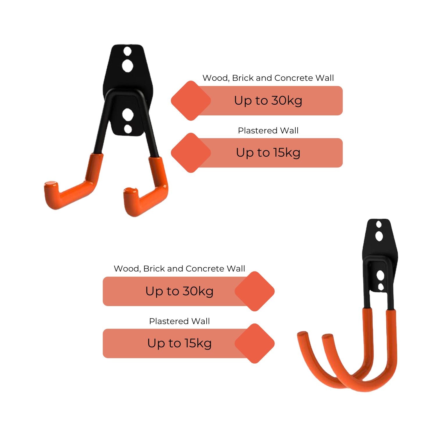 A set of RYNOMATE 16 Pack Garage Hooks Heavy Duty (Orange) RNM-HHD-100-NK black and orange wall-mounted garage hooks in various sizes, designed for garage storage and organization. These heavy-duty hooks feature a non-slip coating and are arranged in three rows, with the upper row containing larger hooks and the lower rows containing medium and smaller hooks.