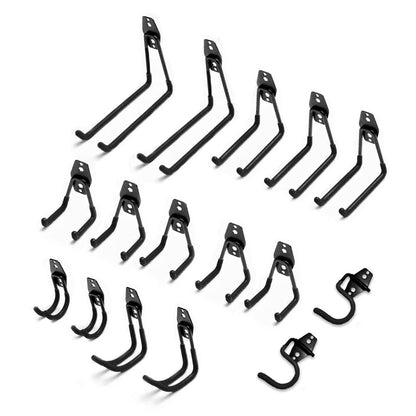 The image shows an assortment of RYNOMATE 16 Pack Garage Hooks Heavy Duty (Black) RNM-HHD-101-NK of various sizes and shapes, arranged in four rows. Each hook has a mounting bracket at the top with holes for screws, ensuring easy installation and indicating they are designed to be wall-mounted for hanging items.