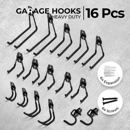 The image shows an assortment of RYNOMATE 16 Pack Garage Hooks Heavy Duty (Black) RNM-HHD-101-NK of various sizes and shapes, arranged in four rows. Each hook has a mounting bracket at the top with holes for screws, ensuring easy installation and indicating they are designed to be wall-mounted for hanging items.