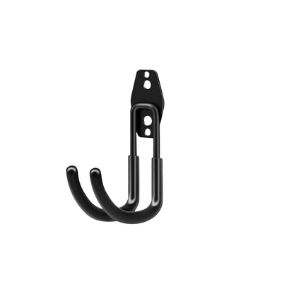 The image shows an assortment of RYNOMATE 16 Pack Garage Hooks Heavy Duty (Black) RNM-HHD-101-NK of various sizes and shapes, arranged in four rows. Each hook has a mounting bracket at the top with holes for screws, ensuring easy installation and indicating they are designed to be wall-mounted for hanging items.