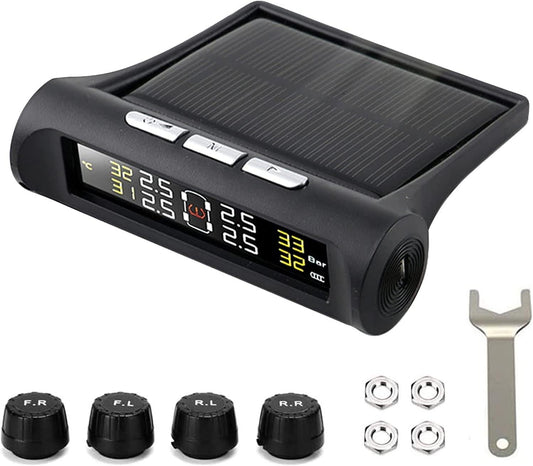 A RYNOMATE Tire Pressure Monitoring System External Solar 4 Sensor - Black with waterproof sensors and a digital display screen showing pressure readings. The set includes four sensor caps labeled F.R., F.L., R.L., and R.R., a wrench, and four small nuts. The display unit has silver buttons labeled "L," "M," and a power button.