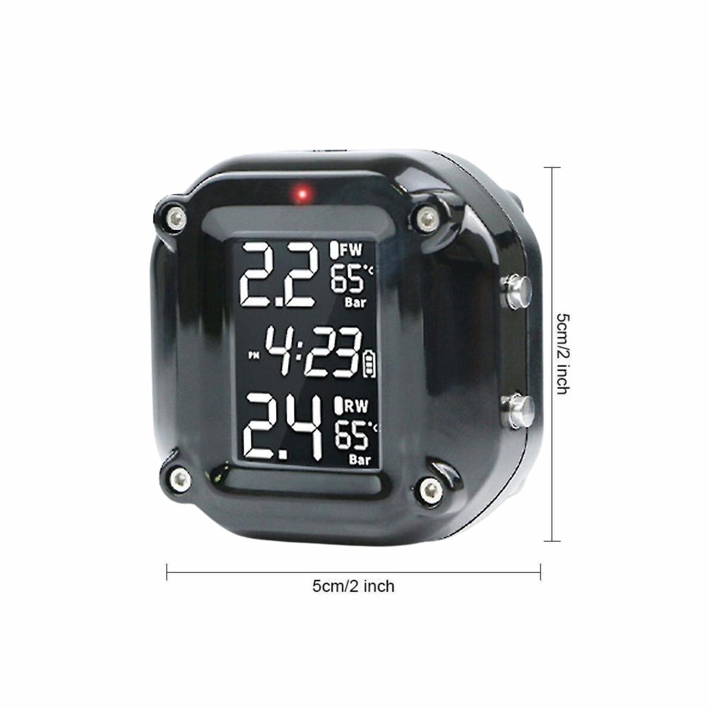 A close-up image of a digital display device from a RYNOMATE Tire Pressure Monitoring System (Motorcycle 2 Sensor) RNM-TPMS-101-LBD shows various measurements. The screen displays pressure readings in bar units: 2.2 for FW and 2.4 for RW, enhancing increased fuel efficiency. It also shows two temperature readings at 65°C and the current time, 4:23 PM. The device has a black frame.