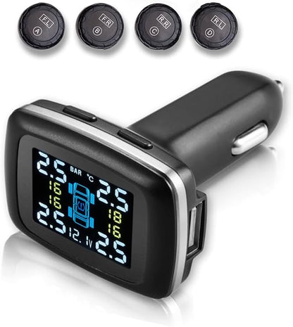 A RYNOMATE Tire Pressure Monitoring System (External TPMS 12V Socket 4 Sensor) RNM-TPMS-102-LBD with a screen showing pressure readings for four tires enhances driving safety. The display attaches to a car's cigarette lighter socket, and four circular tire sensors, each labeled with a letter corresponding to a tire position, make it easy to use.