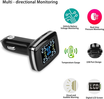 A RYNOMATE Tire Pressure Monitoring System (External TPMS 12V Socket 4 Sensor) RNM-TPMS-102-LBD with a screen showing pressure readings for four tires enhances driving safety. The display attaches to a car's cigarette lighter socket, and four circular tire sensors, each labeled with a letter corresponding to a tire position, make it easy to use.