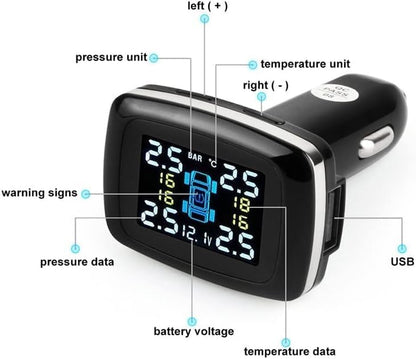 A RYNOMATE Tire Pressure Monitoring System (External TPMS 12V Socket 4 Sensor) RNM-TPMS-102-LBD with a screen showing pressure readings for four tires enhances driving safety. The display attaches to a car's cigarette lighter socket, and four circular tire sensors, each labeled with a letter corresponding to a tire position, make it easy to use.