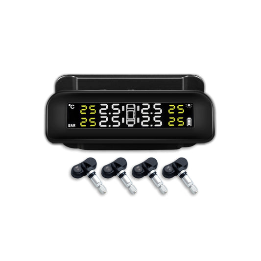 The **RYNOMATE Tire Pressure Monitoring System (External Solar Power Stick on Windshield 4 Sensor) RNM-TPMS-103-LBD** features a black rectangular display showing real-time pressure readings for four tires in bar units. Below the display, there are four tire sensors designed for vehicle wheels. This solar-powered device ensures you’re always aware of your vehicle's tire health.