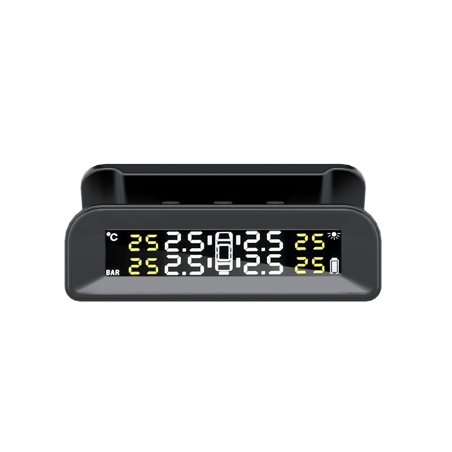 The **RYNOMATE Tire Pressure Monitoring System (External Solar Power Stick on Windshield 4 Sensor) RNM-TPMS-103-LBD** features a black rectangular display showing real-time pressure readings for four tires in bar units. Below the display, there are four tire sensors designed for vehicle wheels. This solar-powered device ensures you’re always aware of your vehicle's tire health.