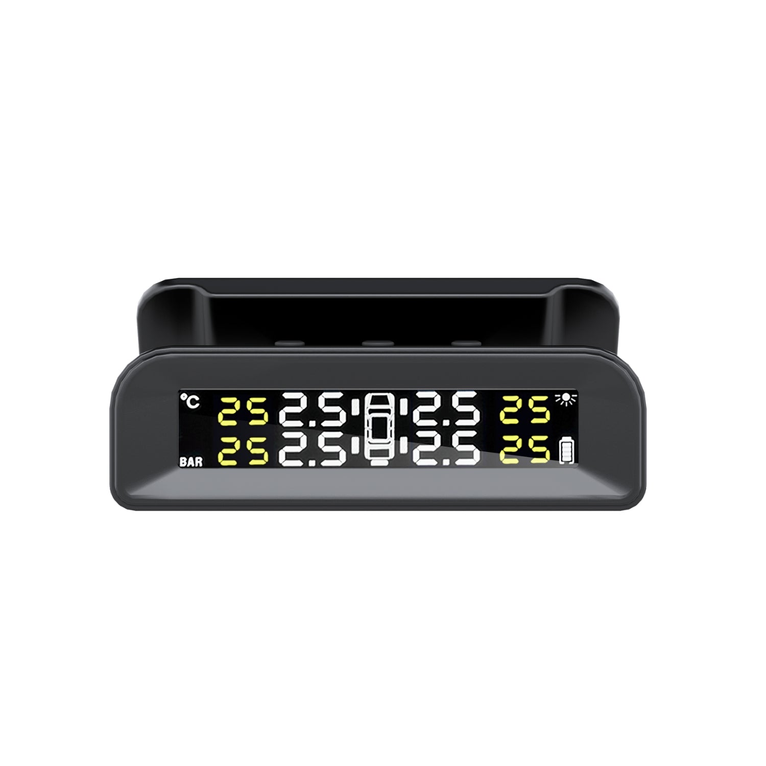 The **RYNOMATE Tire Pressure Monitoring System (External Solar Power Stick on Windshield 4 Sensor) RNM-TPMS-103-LBD** features a black rectangular display showing real-time pressure readings for four tires in bar units. Below the display, there are four tire sensors designed for vehicle wheels. This solar-powered device ensures you’re always aware of your vehicle's tire health.