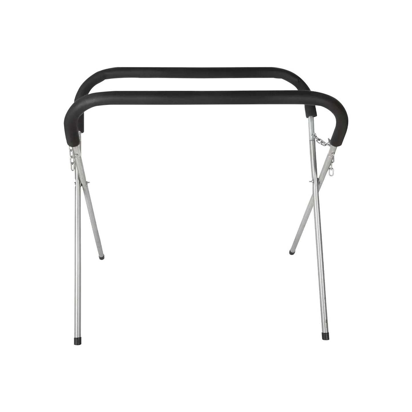 A RYNOMATE 2x Adjustable Straight Leg Work Bench Panel Stand (Black) RNM-WBPS-100-QL with black padded top rails and silver, rust-free legs. The minimalist design makes it an ideal adjustable work bench, with sturdy legs that can be folded in for easy storage and transportation.