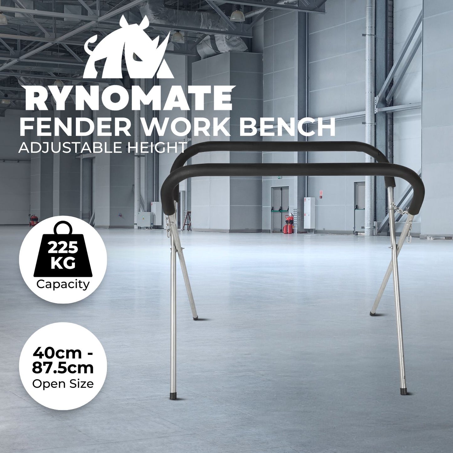 A RYNOMATE 2x Adjustable Straight Leg Work Bench Panel Stand (Black) RNM-WBPS-100-QL with black padded top rails and silver, rust-free legs. The minimalist design makes it an ideal adjustable work bench, with sturdy legs that can be folded in for easy storage and transportation.