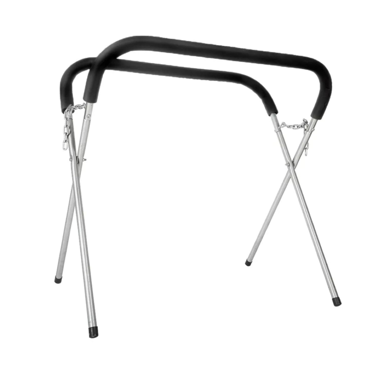 A RYNOMATE 2x Adjustable Straight Leg Work Bench Panel Stand (Black) RNM-WBPS-100-QL with black padded top rails and silver, rust-free legs. The minimalist design makes it an ideal adjustable work bench, with sturdy legs that can be folded in for easy storage and transportation.