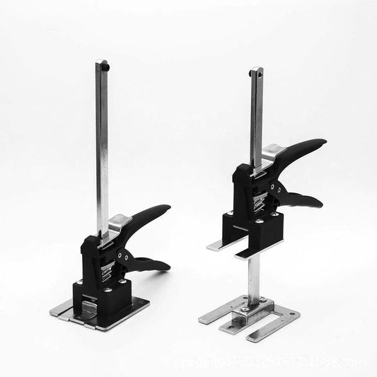 Two RYNOMATE 2 Pack Adjustable Labor Saving Arm Jacks(Black) RNM-LSAJ-100-CY are placed on a white background. Each clamp, featuring a lever handle and a base plate, demonstrates an adjustable support height with one clamp in a raised position and the other positioned lower.