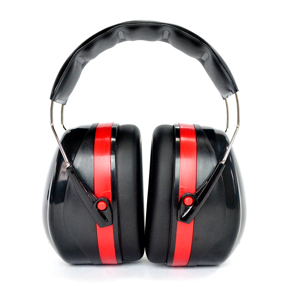 A pair of RYNOMATE Noise Reduction Safety Ear Muffs NRR 27dB RNM-SEM-100-JHN with red accents, featuring a padded ergonomic headband and adjustable metal connectors between the ear cups and the headband. The earmuffs are designed to block out noise and provide comfort during use.