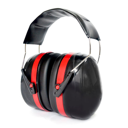 A pair of RYNOMATE Noise Reduction Safety Ear Muffs NRR 27dB RNM-SEM-100-JHN with red accents, featuring a padded ergonomic headband and adjustable metal connectors between the ear cups and the headband. The earmuffs are designed to block out noise and provide comfort during use.