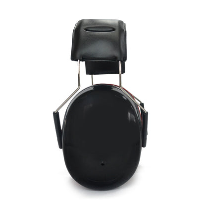 A pair of RYNOMATE Noise Reduction Safety Ear Muffs NRR 27dB RNM-SEM-100-JHN with red accents, featuring a padded ergonomic headband and adjustable metal connectors between the ear cups and the headband. The earmuffs are designed to block out noise and provide comfort during use.