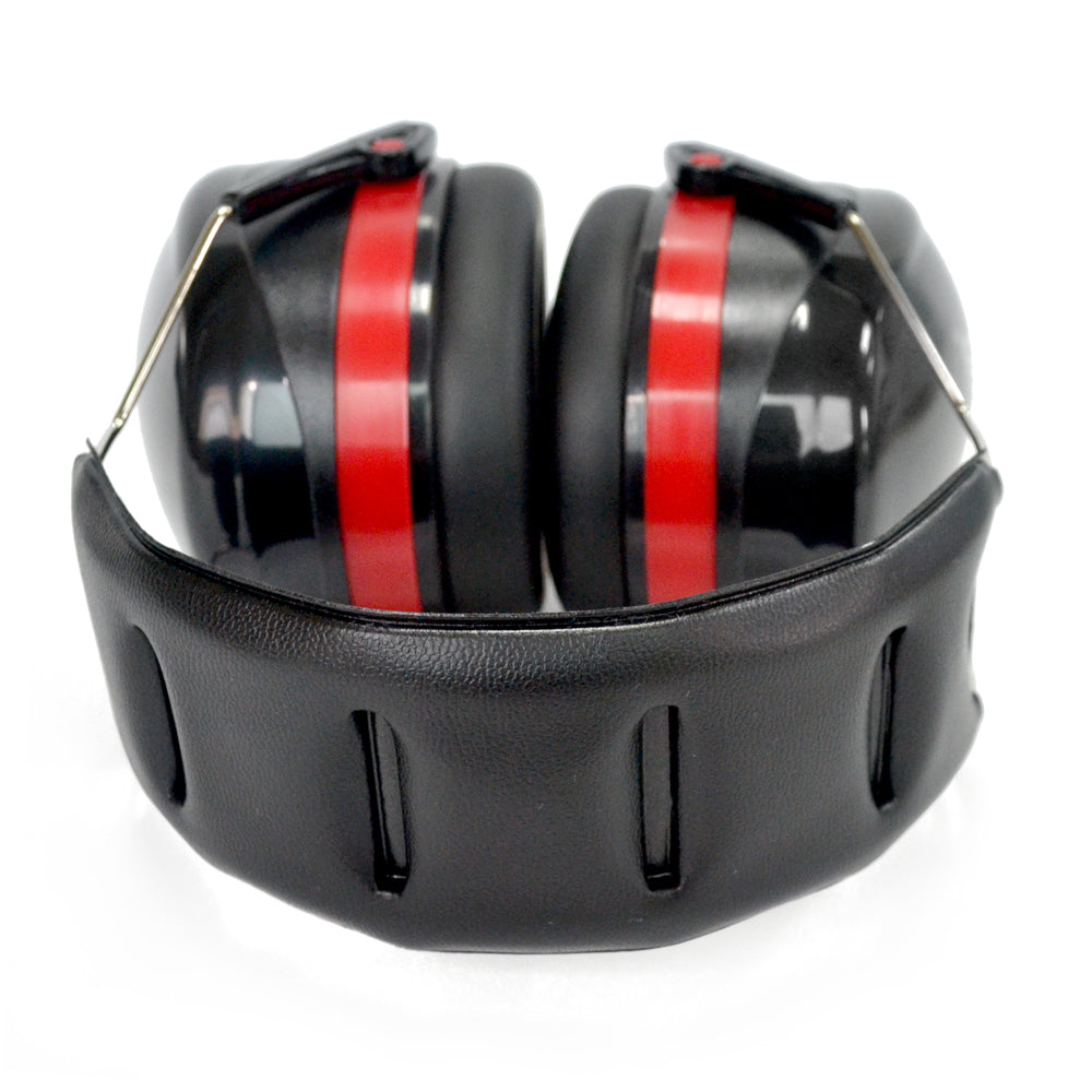 A pair of RYNOMATE Noise Reduction Safety Ear Muffs NRR 27dB RNM-SEM-100-JHN with red accents, featuring a padded ergonomic headband and adjustable metal connectors between the ear cups and the headband. The earmuffs are designed to block out noise and provide comfort during use.