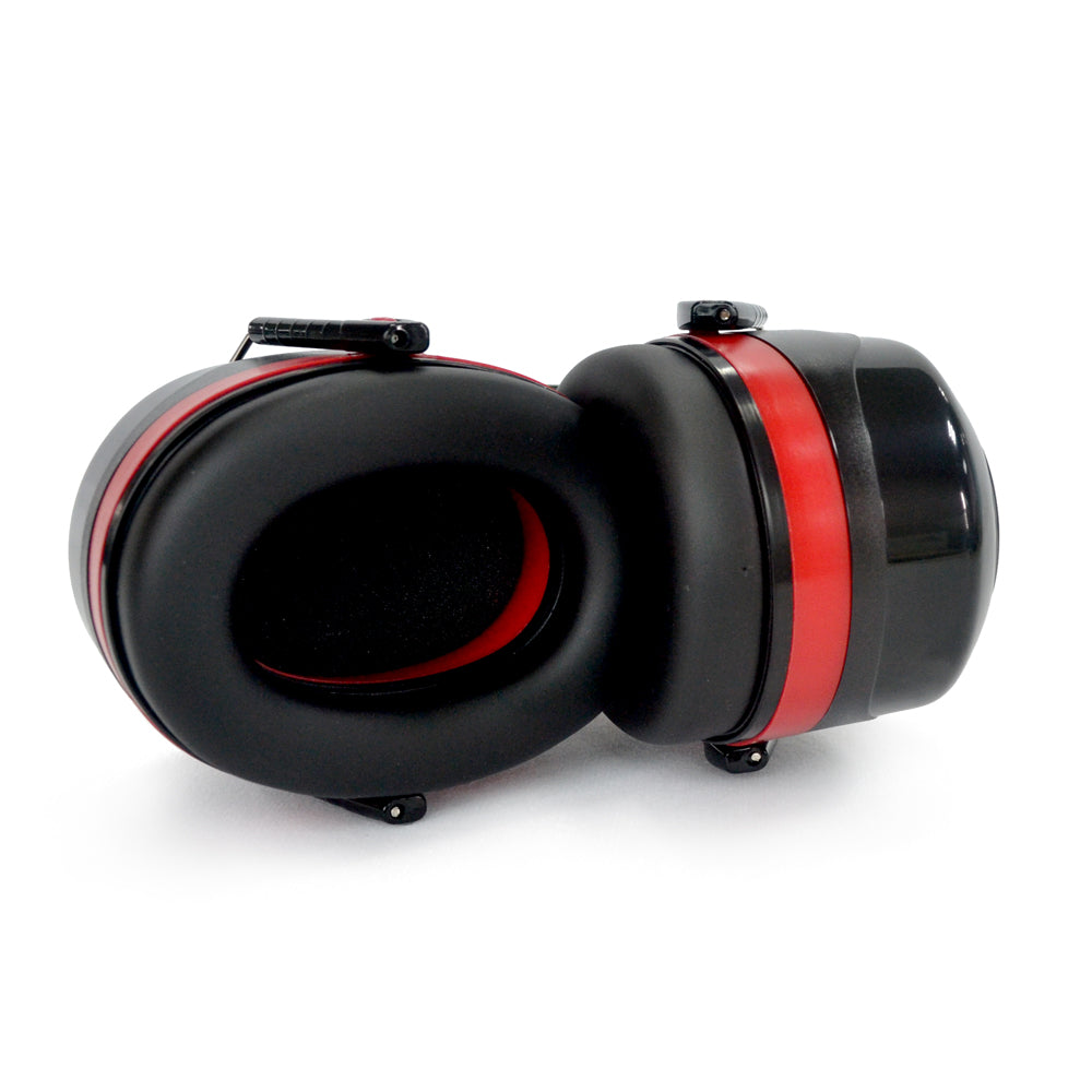 A pair of RYNOMATE Noise Reduction Safety Ear Muffs NRR 27dB RNM-SEM-100-JHN with red accents, featuring a padded ergonomic headband and adjustable metal connectors between the ear cups and the headband. The earmuffs are designed to block out noise and provide comfort during use.