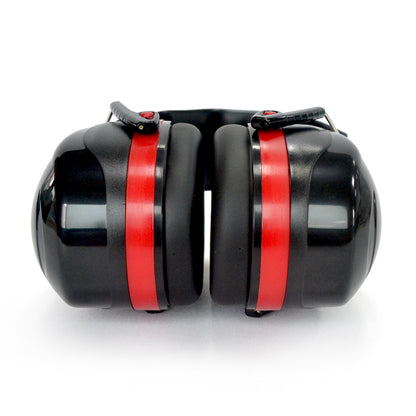 A pair of RYNOMATE Noise Reduction Safety Ear Muffs NRR 27dB RNM-SEM-100-JHN with red accents, featuring a padded ergonomic headband and adjustable metal connectors between the ear cups and the headband. The earmuffs are designed to block out noise and provide comfort during use.