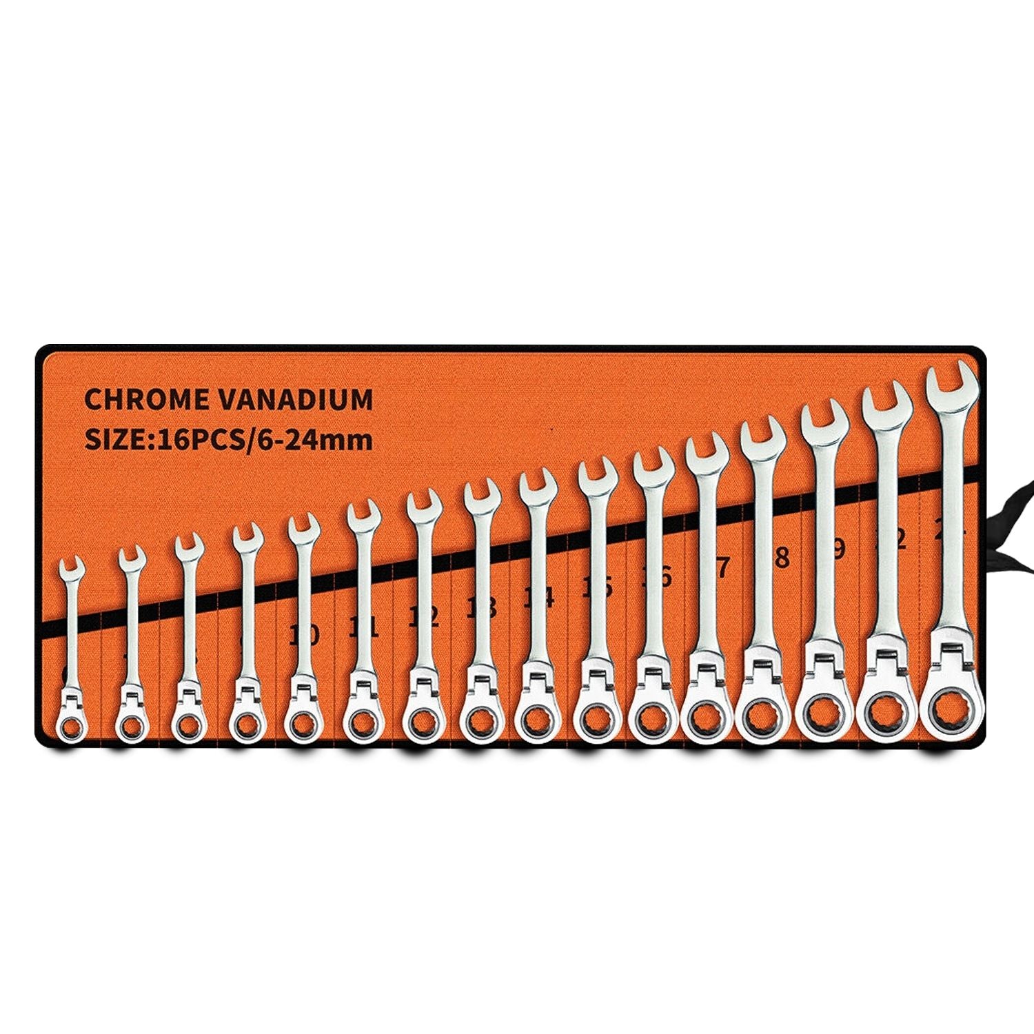 A RYNOMATE 6-24mm Ratchet Spanner Set (16pcs) RNM-RS-100-JL laid out neatly on an orange holder. The metric sizes range from 6mm to 24mm, and each wrench is placed in an individual slot, numbered 1 through 16.