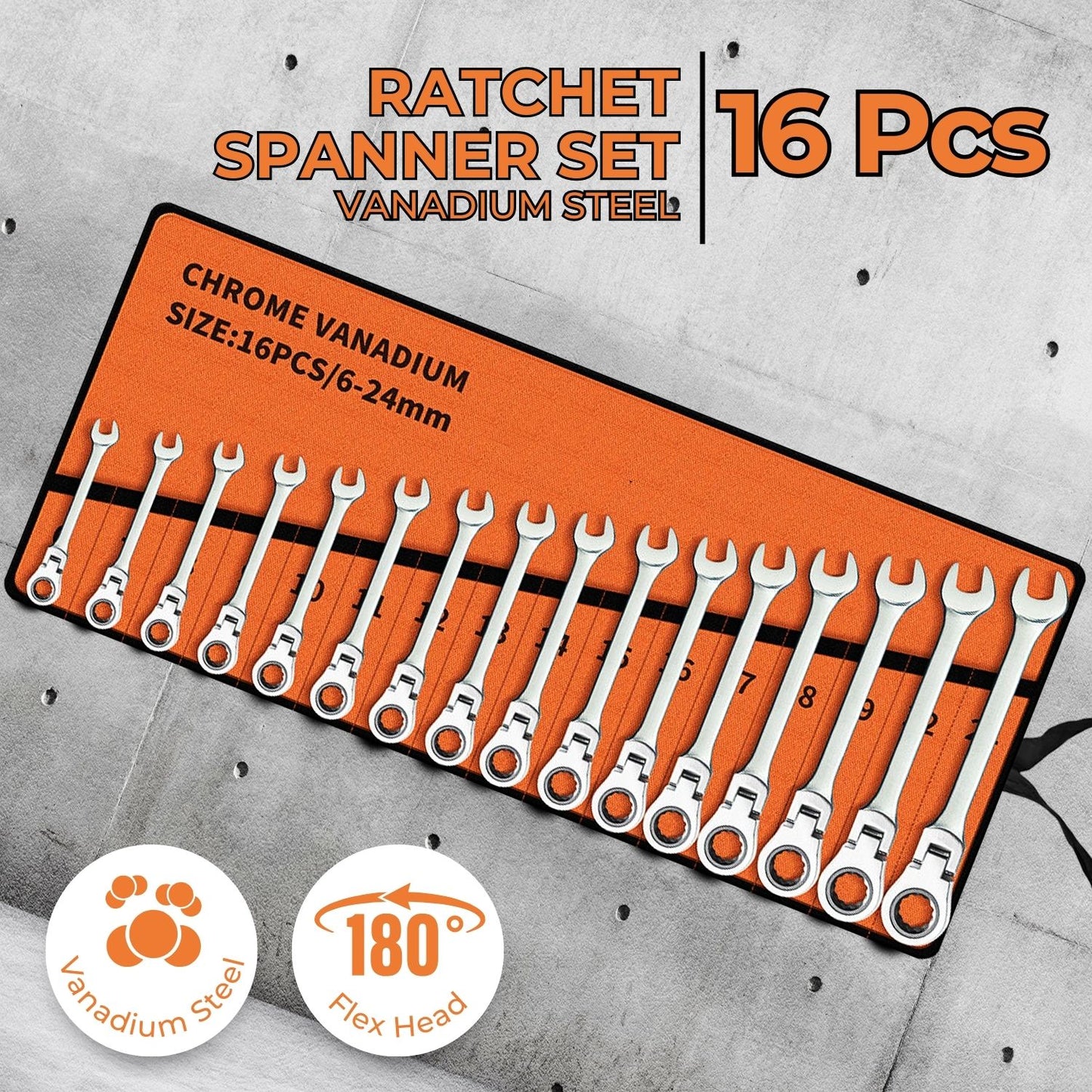 A RYNOMATE 6-24mm Ratchet Spanner Set (16pcs) RNM-RS-100-JL laid out neatly on an orange holder. The metric sizes range from 6mm to 24mm, and each wrench is placed in an individual slot, numbered 1 through 16.