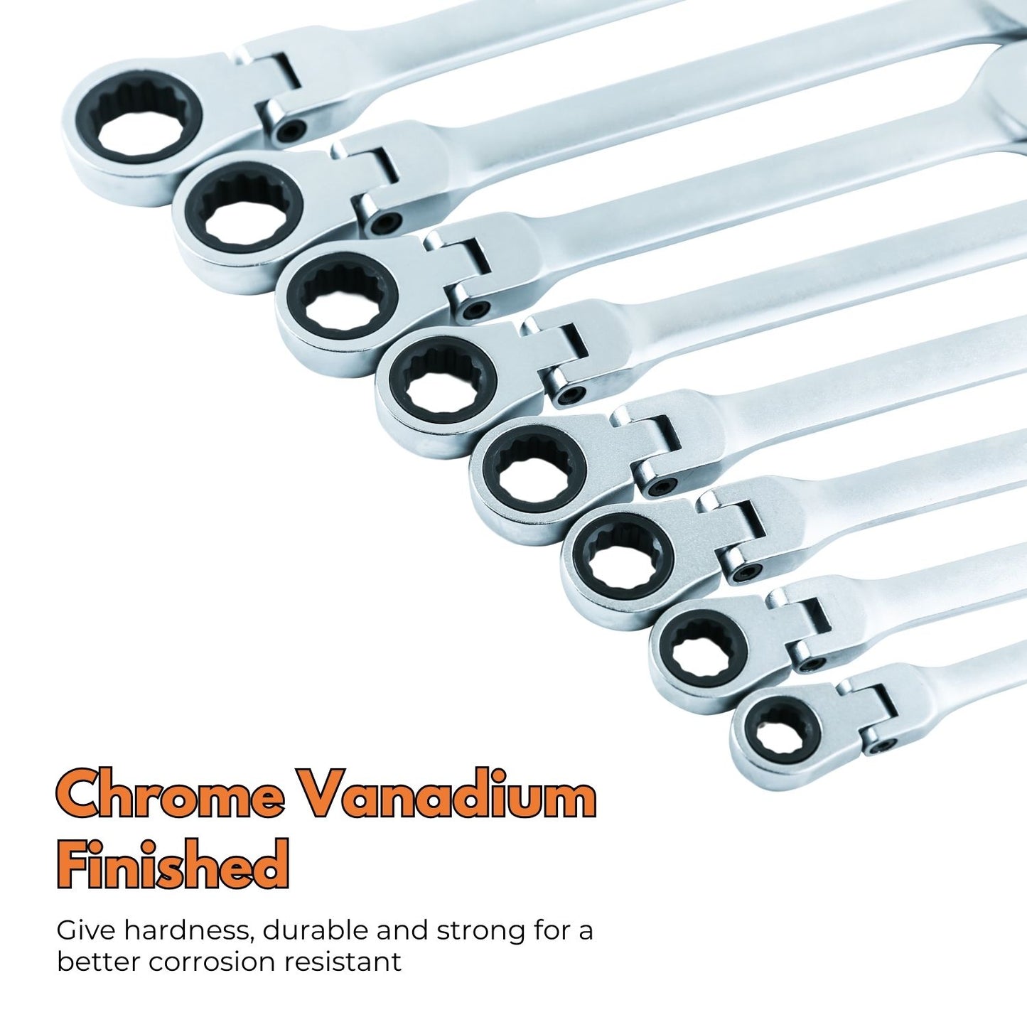 A RYNOMATE 6-24mm Ratchet Spanner Set (16pcs) RNM-RS-100-JL laid out neatly on an orange holder. The metric sizes range from 6mm to 24mm, and each wrench is placed in an individual slot, numbered 1 through 16.