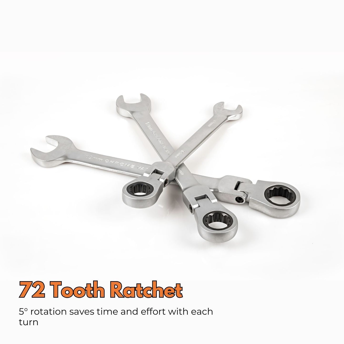 A RYNOMATE 6-24mm Ratchet Spanner Set (16pcs) RNM-RS-100-JL laid out neatly on an orange holder. The metric sizes range from 6mm to 24mm, and each wrench is placed in an individual slot, numbered 1 through 16.