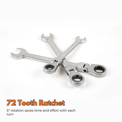 A RYNOMATE 6-24mm Ratchet Spanner Set (16pcs) RNM-RS-100-JL laid out neatly on an orange holder. The metric sizes range from 6mm to 24mm, and each wrench is placed in an individual slot, numbered 1 through 16.