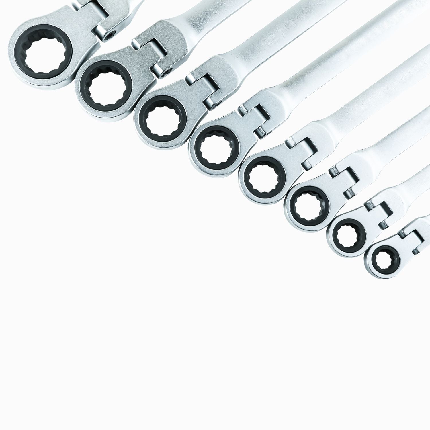 A RYNOMATE 6-24mm Ratchet Spanner Set (16pcs) RNM-RS-100-JL laid out neatly on an orange holder. The metric sizes range from 6mm to 24mm, and each wrench is placed in an individual slot, numbered 1 through 16.