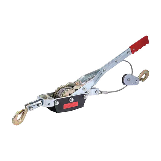 The RYNOMATE 4-Ton Hand Winch Puller with Double Car Hook RNM-HWP-100-XY, featuring a long lever arm, gears, and two double car hooks attached to a heavy-duty aircraft cable. The tool is designed for pulling or lifting heavy objects, commonly used in automotive or industrial applications.