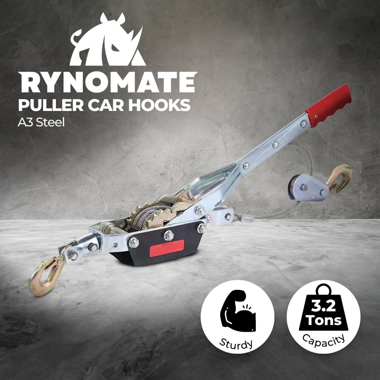 The RYNOMATE 4-Ton Hand Winch Puller with Double Car Hook RNM-HWP-100-XY, featuring a long lever arm, gears, and two double car hooks attached to a heavy-duty aircraft cable. The tool is designed for pulling or lifting heavy objects, commonly used in automotive or industrial applications.