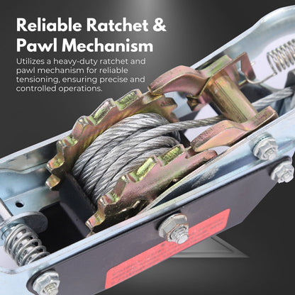 The RYNOMATE 4-Ton Hand Winch Puller with Double Car Hook RNM-HWP-100-XY, featuring a long lever arm, gears, and two double car hooks attached to a heavy-duty aircraft cable. The tool is designed for pulling or lifting heavy objects, commonly used in automotive or industrial applications.