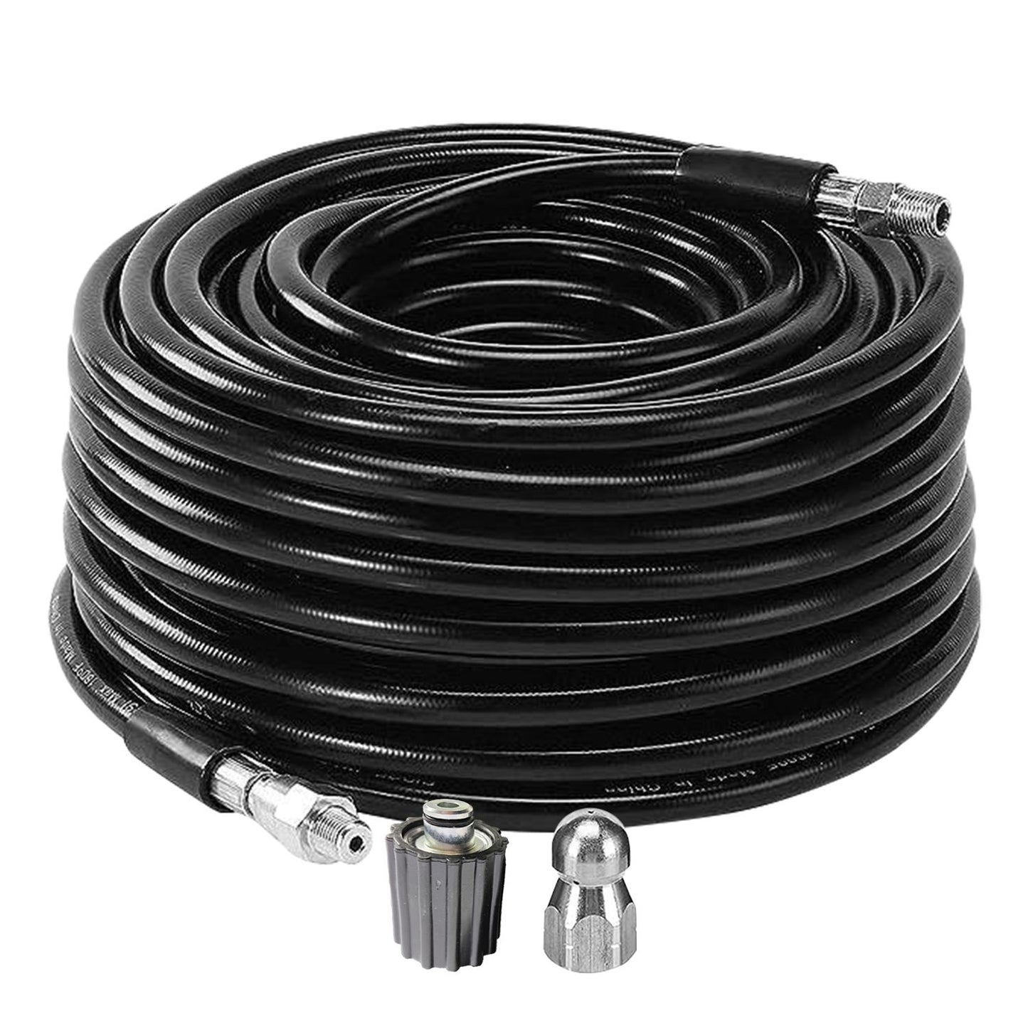 A coiled black RYNOMATE High Pressure Cleaning Washer with M14 Threaded Joint (20m) RNM-HPW-100-JYE with threaded connectors at both ends. The 20m hose is neatly coiled, featuring a durable, shiny exterior and is accompanied by two metal nozzle attachments and one plastic connector. Perfect for high pressure cleaning washers, it can handle up to 5800PSI.