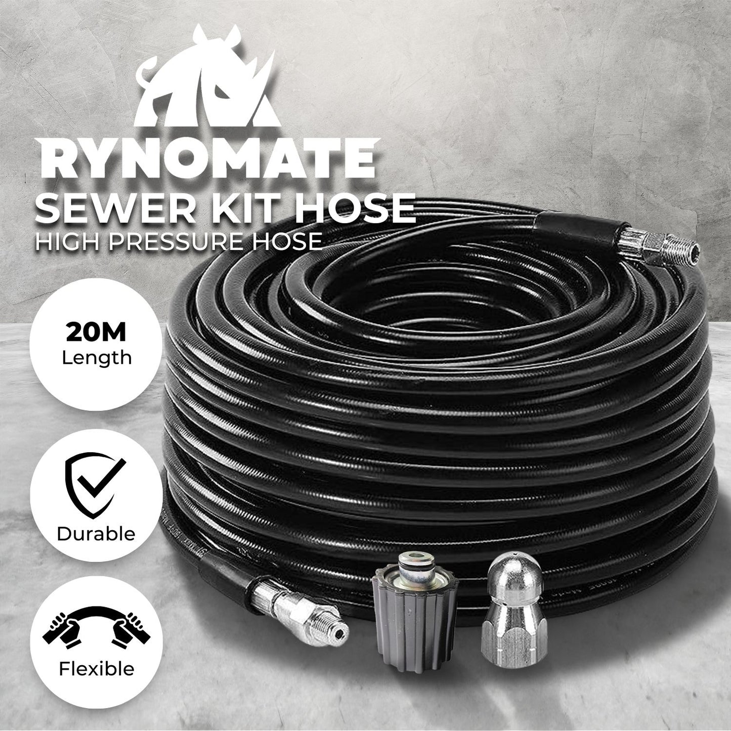 A coiled black RYNOMATE High Pressure Cleaning Washer with M14 Threaded Joint (20m) RNM-HPW-100-JYE with threaded connectors at both ends. The 20m hose is neatly coiled, featuring a durable, shiny exterior and is accompanied by two metal nozzle attachments and one plastic connector. Perfect for high pressure cleaning washers, it can handle up to 5800PSI.