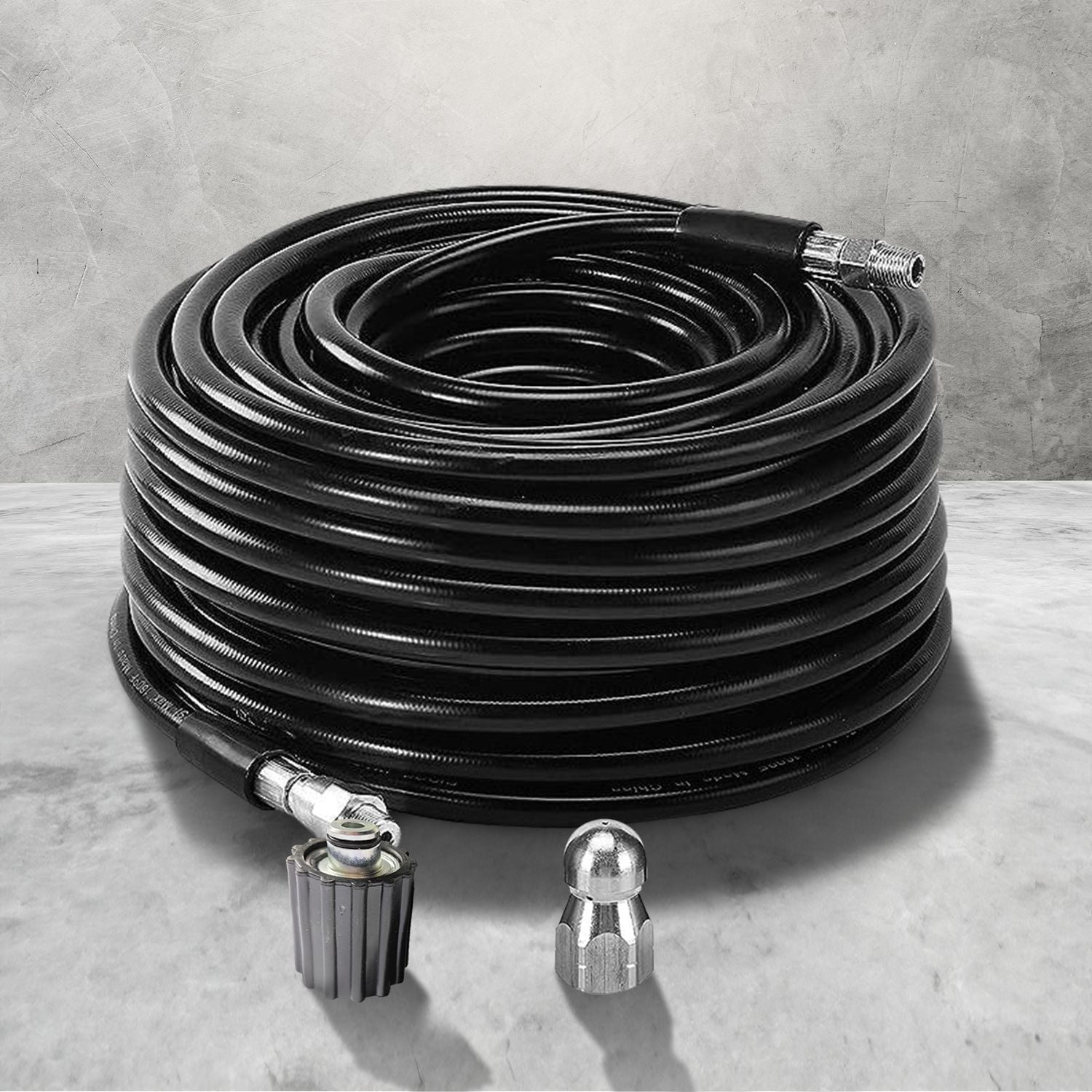 A coiled black RYNOMATE High Pressure Cleaning Washer with M14 Threaded Joint (20m) RNM-HPW-100-JYE with threaded connectors at both ends. The 20m hose is neatly coiled, featuring a durable, shiny exterior and is accompanied by two metal nozzle attachments and one plastic connector. Perfect for high pressure cleaning washers, it can handle up to 5800PSI.