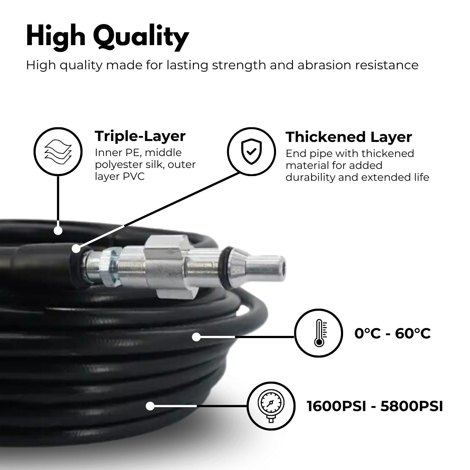 A coiled black RYNOMATE High Pressure Cleaning Washer with M14 Threaded Joint (20m) RNM-HPW-100-JYE with threaded connectors at both ends. The 20m hose is neatly coiled, featuring a durable, shiny exterior and is accompanied by two metal nozzle attachments and one plastic connector. Perfect for high pressure cleaning washers, it can handle up to 5800PSI.