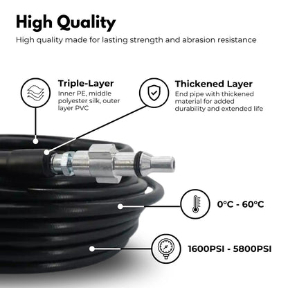 A coiled black RYNOMATE High Pressure Cleaning Washer with M14 Threaded Joint (20m) RNM-HPW-100-JYE with threaded connectors at both ends. The 20m hose is neatly coiled, featuring a durable, shiny exterior and is accompanied by two metal nozzle attachments and one plastic connector. Perfect for high pressure cleaning washers, it can handle up to 5800PSI.