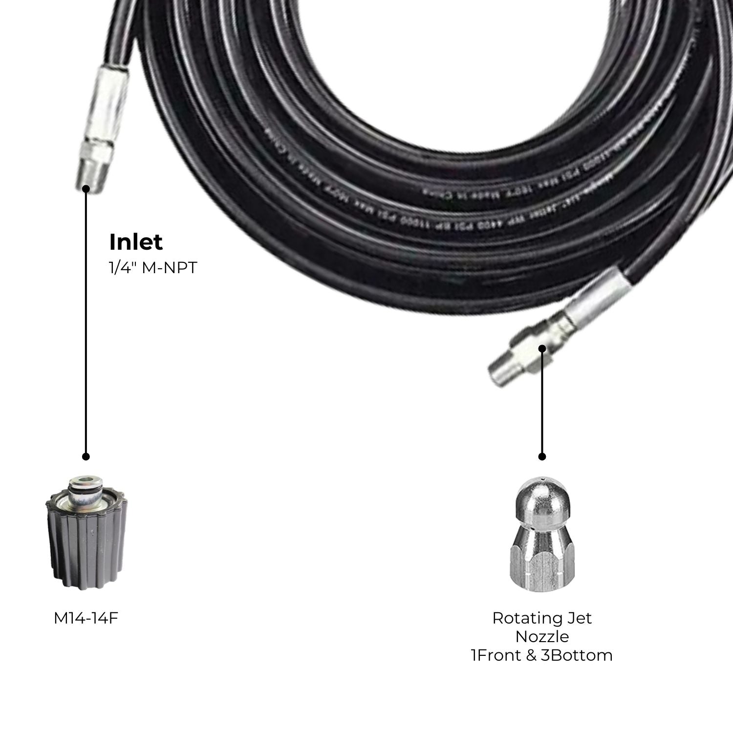 A coiled black RYNOMATE High Pressure Cleaning Washer with M14 Threaded Joint (20m) RNM-HPW-100-JYE with threaded connectors at both ends. The 20m hose is neatly coiled, featuring a durable, shiny exterior and is accompanied by two metal nozzle attachments and one plastic connector. Perfect for high pressure cleaning washers, it can handle up to 5800PSI.