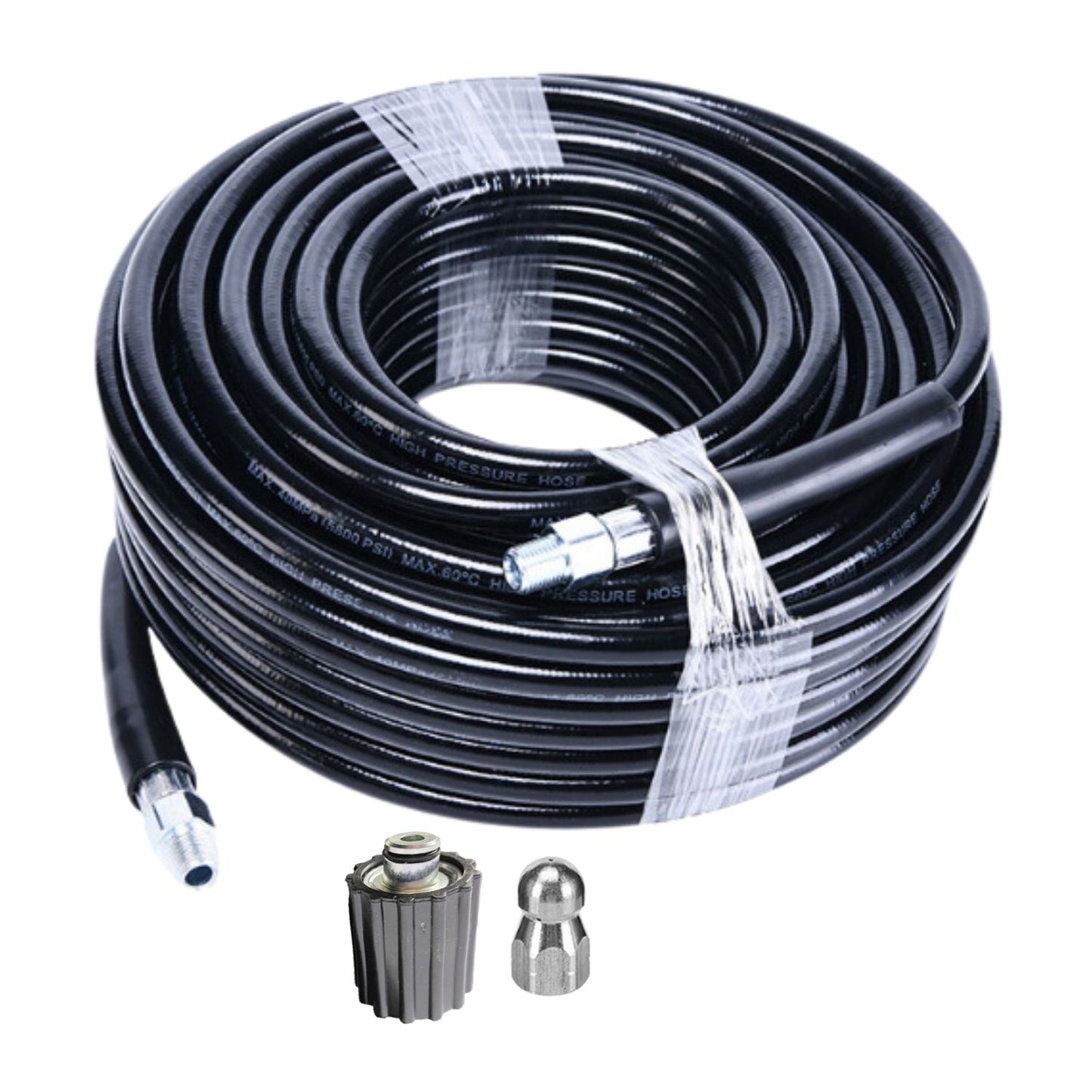 A coiled black RYNOMATE High Pressure Cleaning Washer with M14 Threaded Joint (20m) RNM-HPW-100-JYE with threaded connectors at both ends. The 20m hose is neatly coiled, featuring a durable, shiny exterior and is accompanied by two metal nozzle attachments and one plastic connector. Perfect for high pressure cleaning washers, it can handle up to 5800PSI.