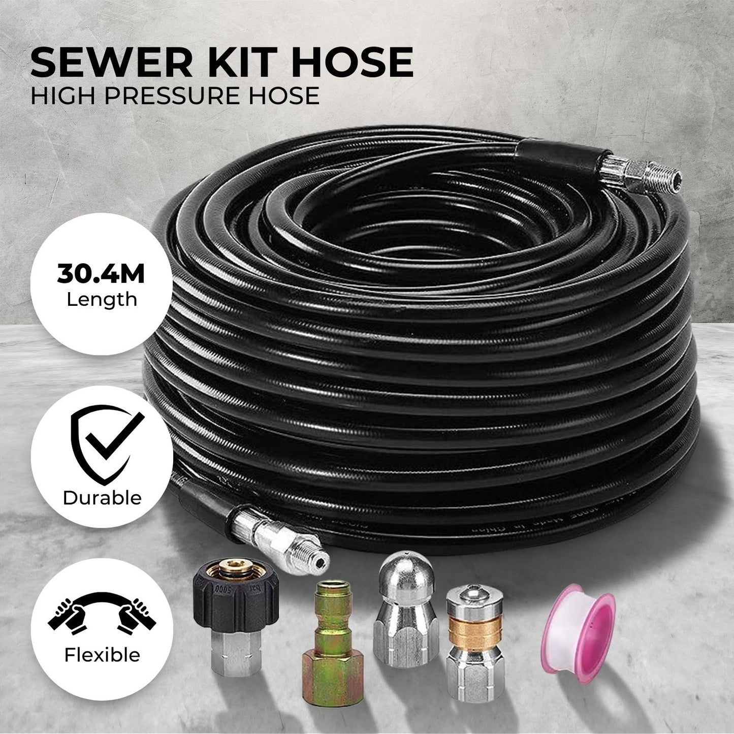 A RYNOMATE High Pressure Washer Black Hose with M22 Coupling and Rotating Nozzle (30.5M/100FT) RNM-HPW-101-JYI is displayed alongside multiple nozzle attachments, including a rotating nozzle, and a roll of tape. The hose offers both flexibility and durability, making it suitable for use with pressure washers.