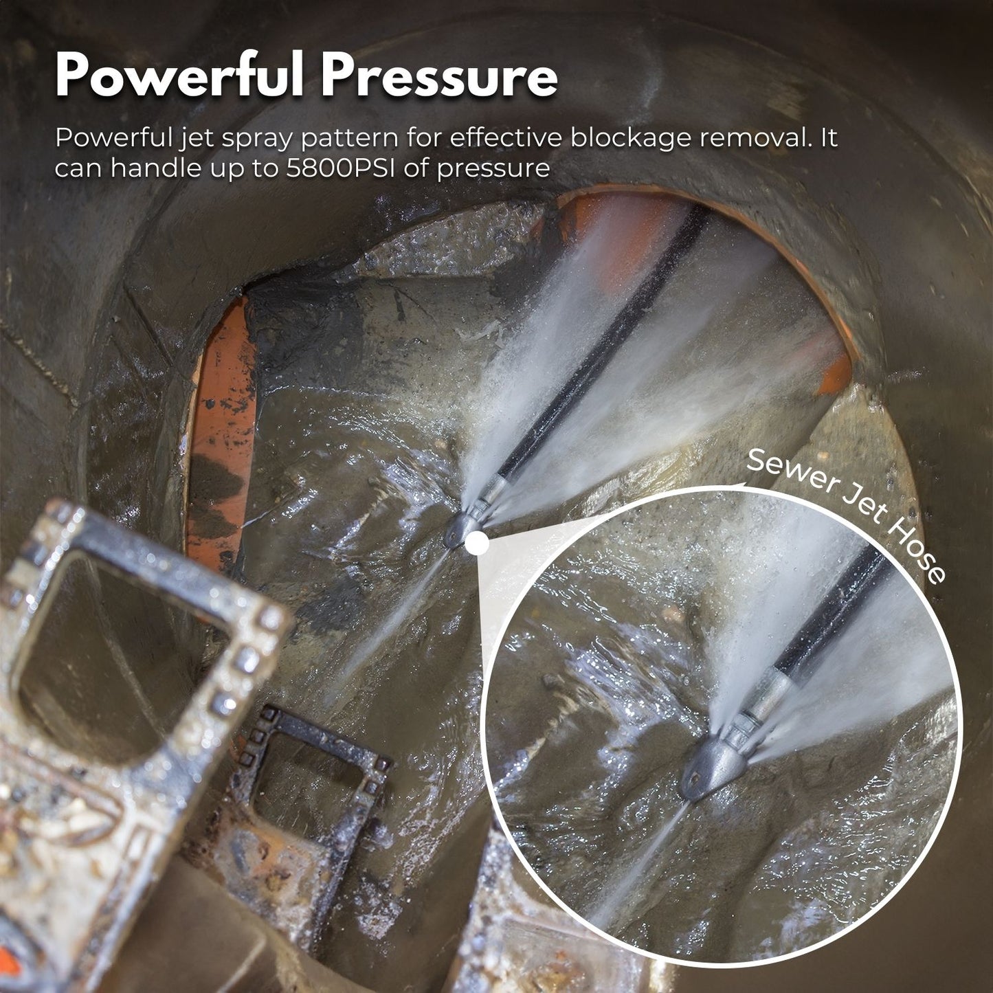 A RYNOMATE High Pressure Washer Black Hose with M22 Coupling and Rotating Nozzle (30.5M/100FT) RNM-HPW-101-JYI is displayed alongside multiple nozzle attachments, including a rotating nozzle, and a roll of tape. The hose offers both flexibility and durability, making it suitable for use with pressure washers.