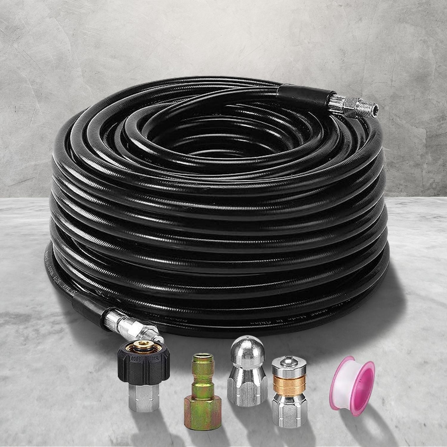 A RYNOMATE High Pressure Washer Black Hose with M22 Coupling and Rotating Nozzle (30.5M/100FT) RNM-HPW-101-JYI is displayed alongside multiple nozzle attachments, including a rotating nozzle, and a roll of tape. The hose offers both flexibility and durability, making it suitable for use with pressure washers.