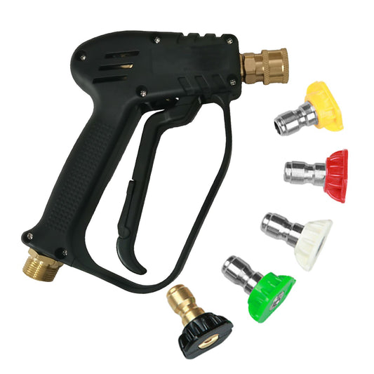 A durable RYNOMATE 3000 PSI High Pressure Washer Gun with M22 Coupling and 5 Interchangeable Spray Nozzles (Black) RNM-HPW-102-JYI with an ergonomic grip is displayed alongside five versatile spray nozzles—yellow, white, black, green, and red—each designed for different cleaning tasks and ensuring easy operation.